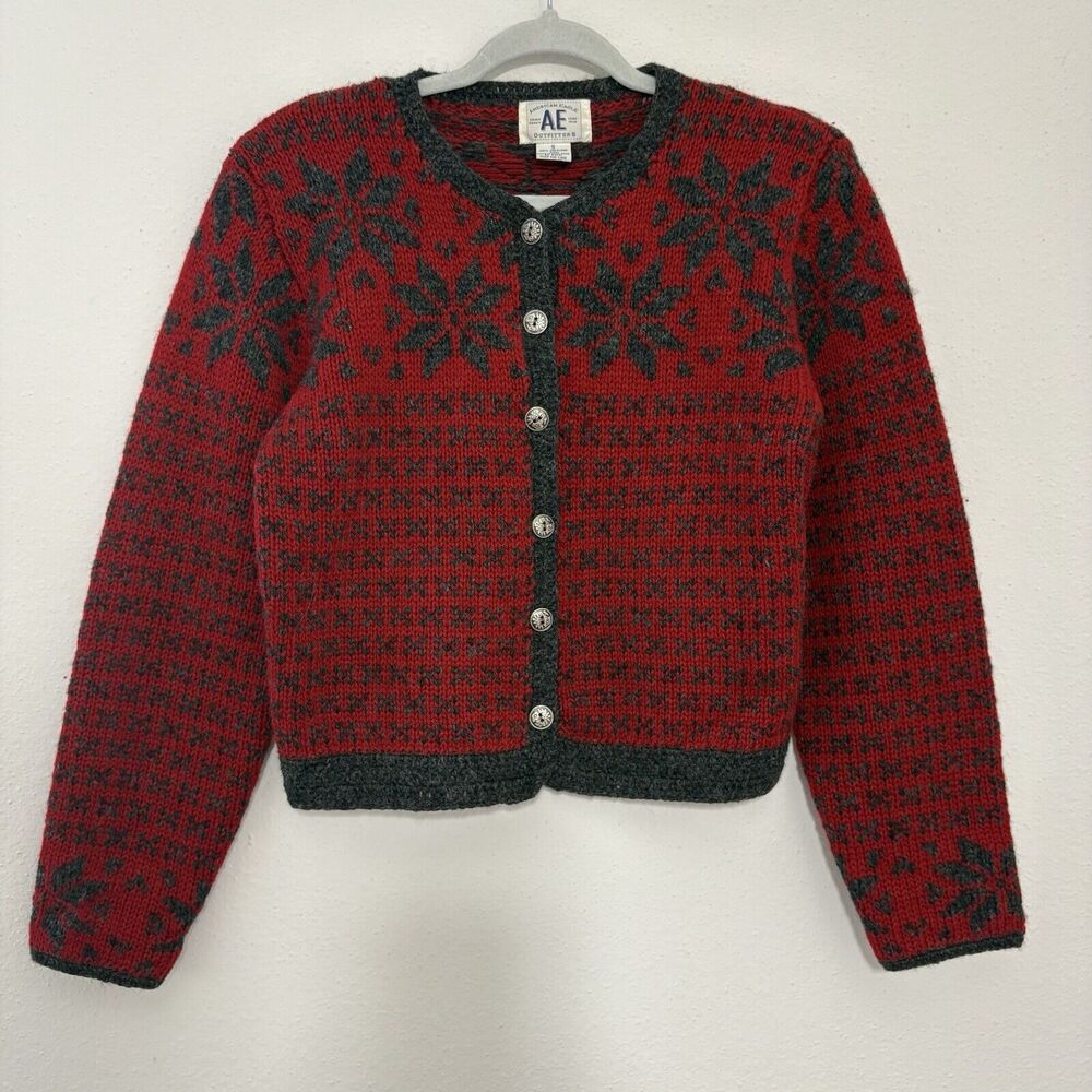 VTG American Eagle Womens Fair Isle Shetland Wool Cardigan Sweater Size S Y2K
